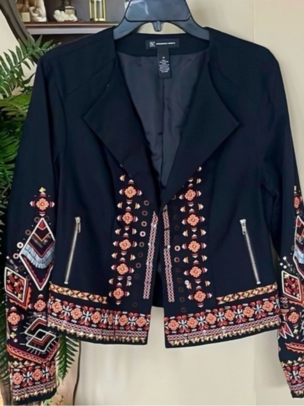 INC International Concepts Black Embroidered Open-Front Blazer